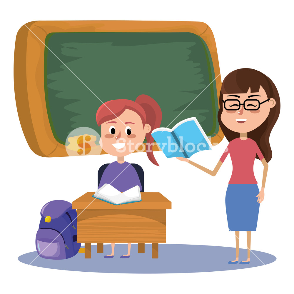 1000x1000 Elementary School Girl With Teacher In The Classroom Cartoon