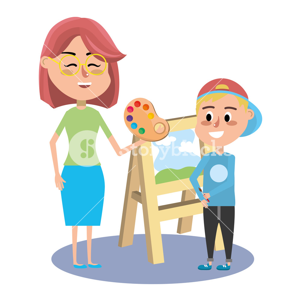 1000x1000 Elementary School Student Boy With Teacher In Fornt Wooden Easel