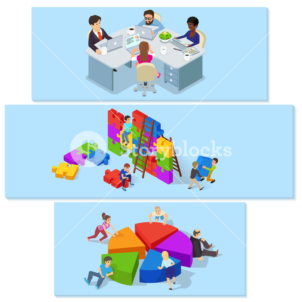1000x1000 Team Building Banner Horizontal Concept Set Isometric