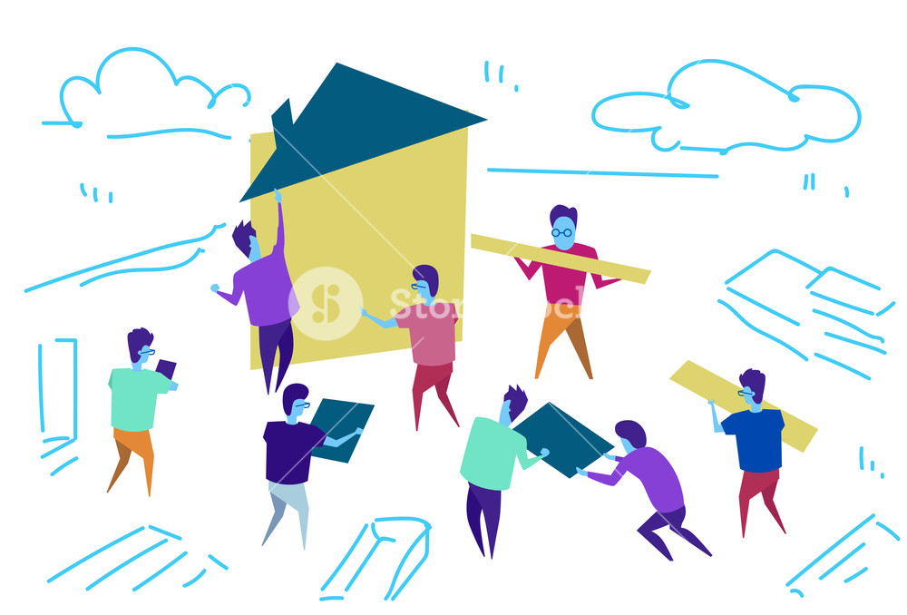 1000x678 People Group Construction House Workers Team Building Process