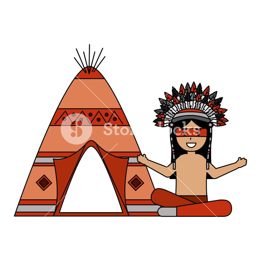 1000x1000 Native American Character With Teepee Vector Illustration Royalty