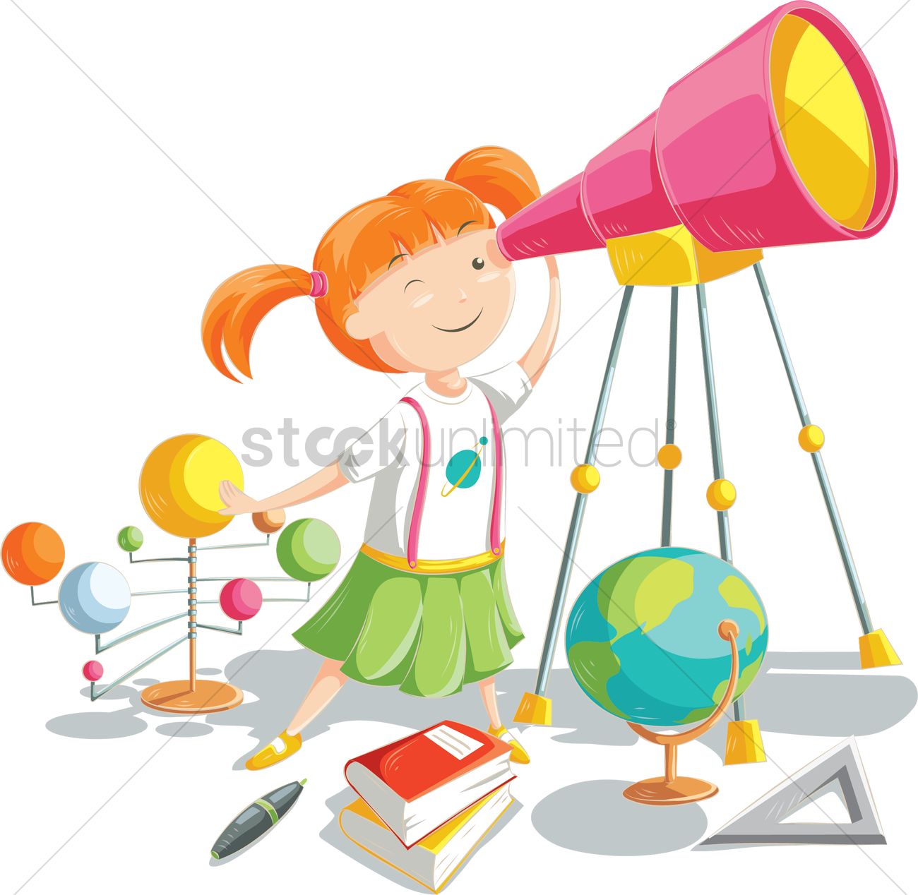 1300x1268 Cartoon Girl With Telescope Vector Image