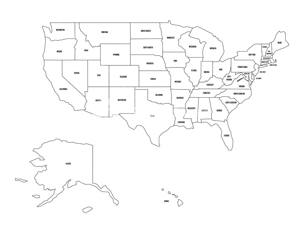 1000x750 Political Map Of United States Od America, Usa Simple Flat Black