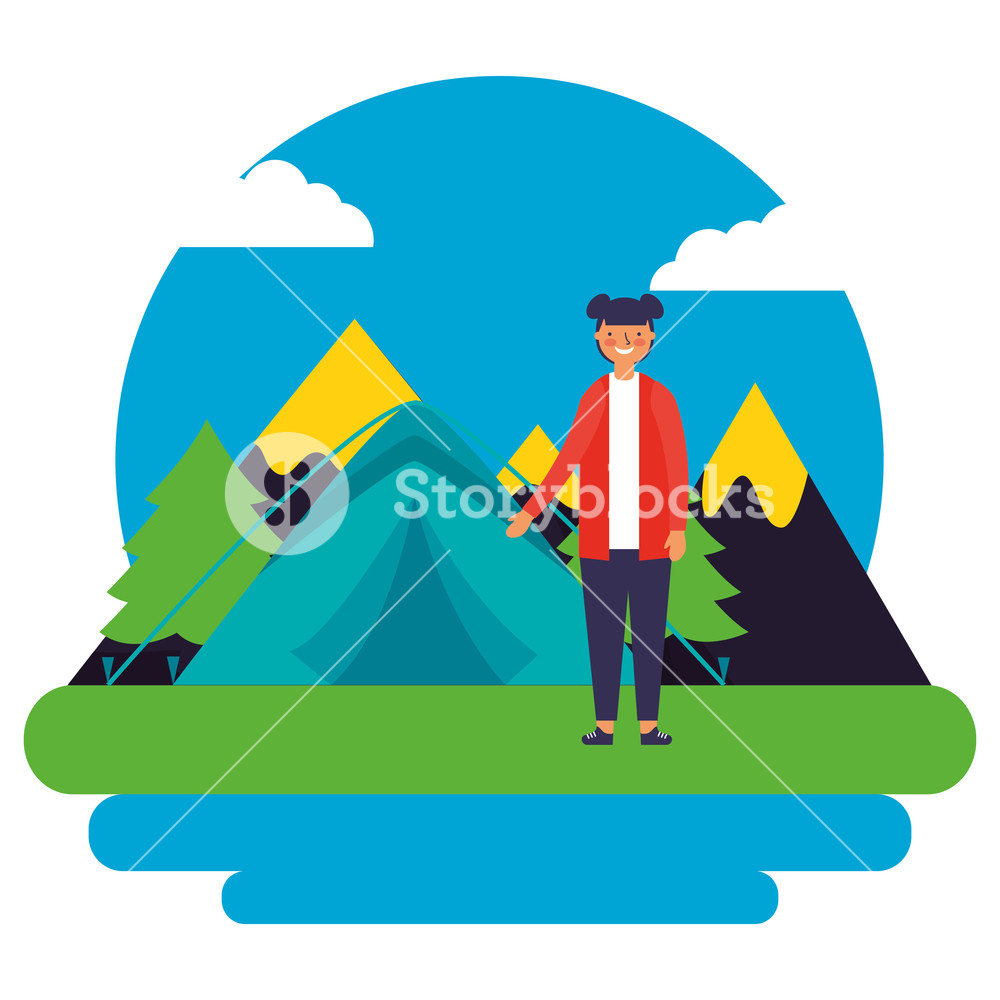 1000x1000 Girl Tent Mountains Day Landscape Camping Vector Illustration