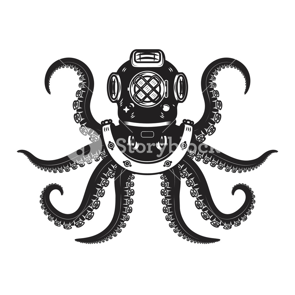 1000x1000 Vintage Diver Helmet With Octopus Tentacles Design Element