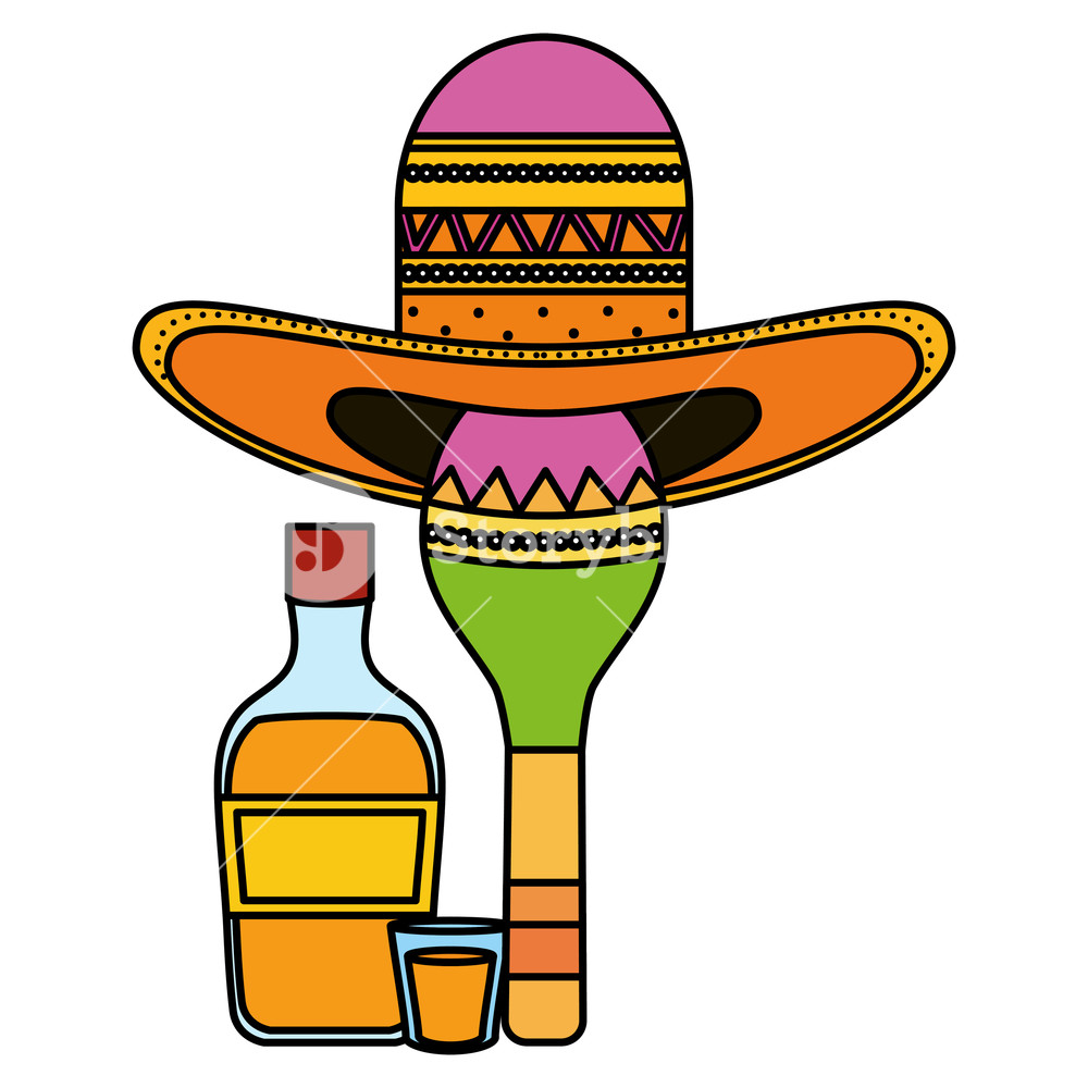 1000x1000 Maraca With Mexican Hat And Tequila Bottle Vector Illustration
