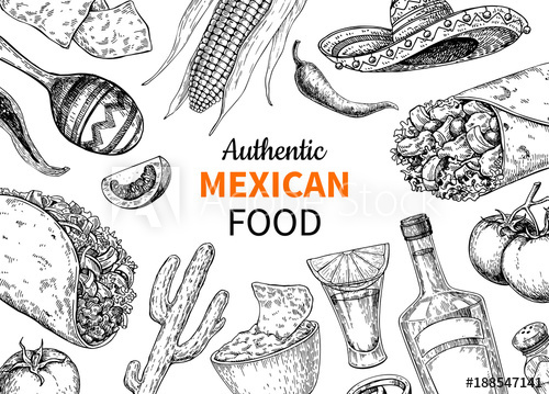 500x359 Mexican Food And Drink Sketch Vector Tequila Shot And Burito