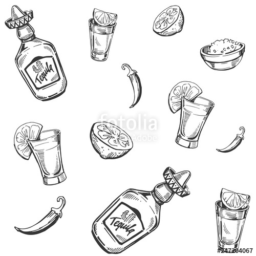 500x500 Seamless Pattern With Tequila, Shot, Lime Sketch Illustration