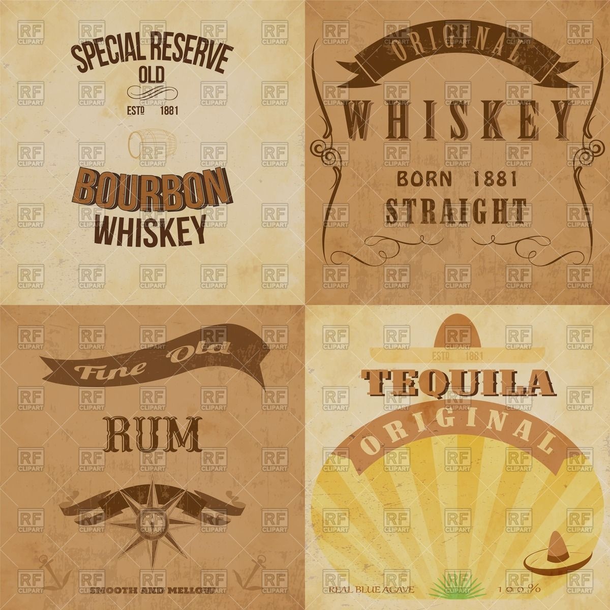 1200x1200 Vintage Alcohol Labels For Rum, Whiskey And Tequila Vector Image