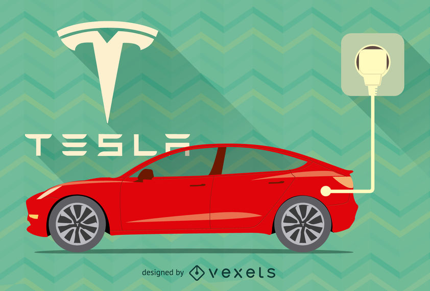 842x570 Red Tesla Car Vector With Logo And Plug