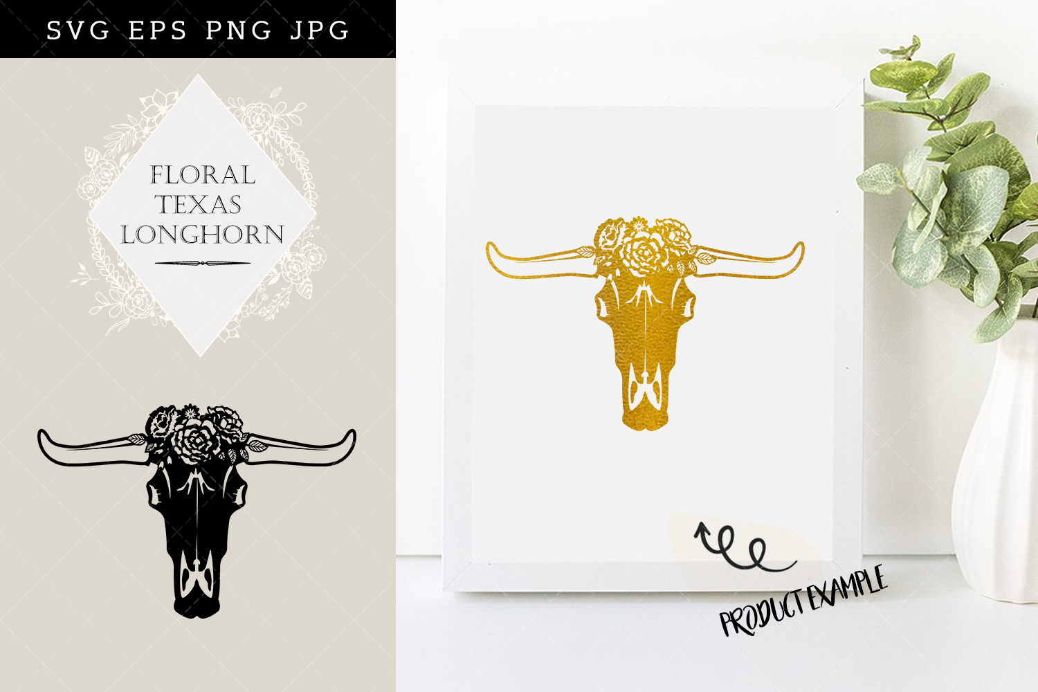 Floral Texas Long Horn Silhouette Vector 1500x1000 Floral Texas Long Horn Silhouette Vector