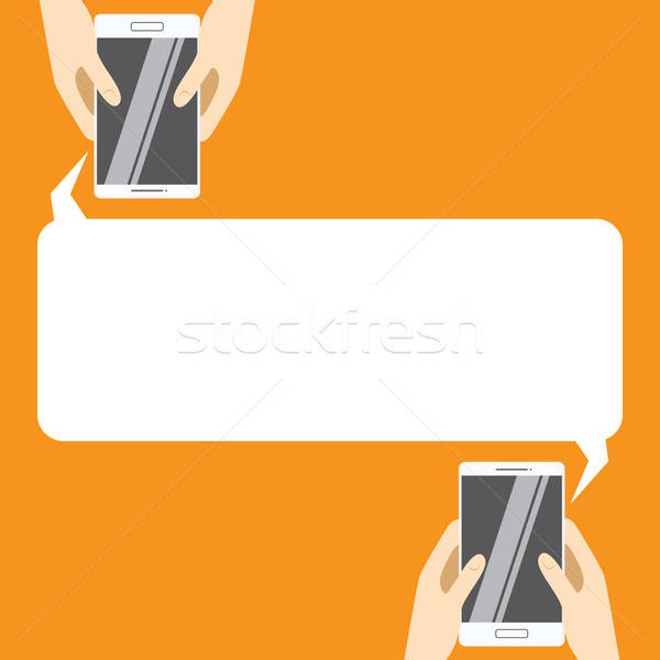 600x600 Hands Holing White Smartphones With Blank Speech Bubble For Text