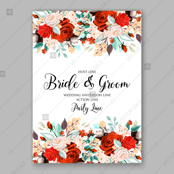 600x600 Red And White Rose Greenery Wedding Invitation Vector Template
