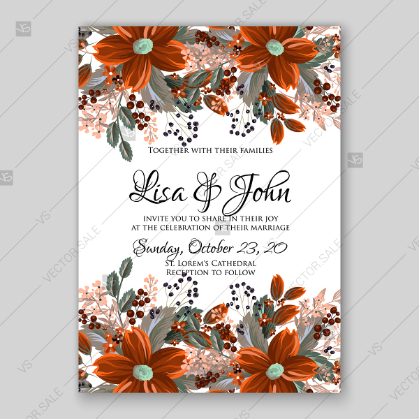 600x600 Wedding Invitation Orange Anemone Vector Card Printable Template