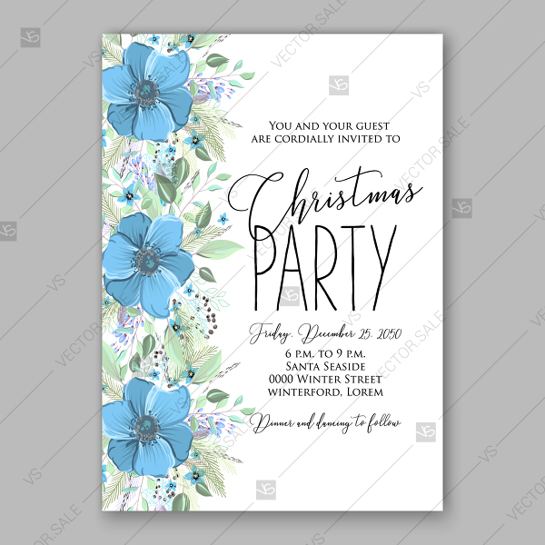 600x600 Blue Amenone Wedding Invitation Card Vector Floral Illustration