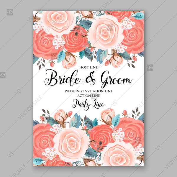 600x600 Coral Pink Rose Wedding Invitation Card Vector Printable Template