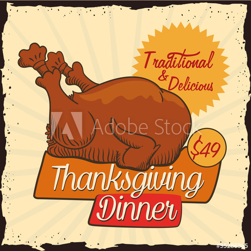 Retro Thanksgiving Promo Dinner, Vector Illustration 500x500 Retro Thanksgiving Promo Dinner, Vector Illustration