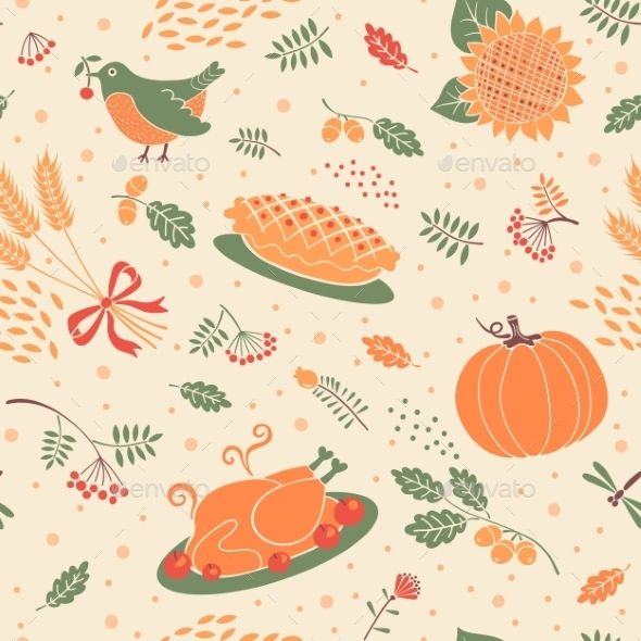 590x590 Seamless Pattern With Pumpkins, Leaves, Wheat, Turkey, Pie