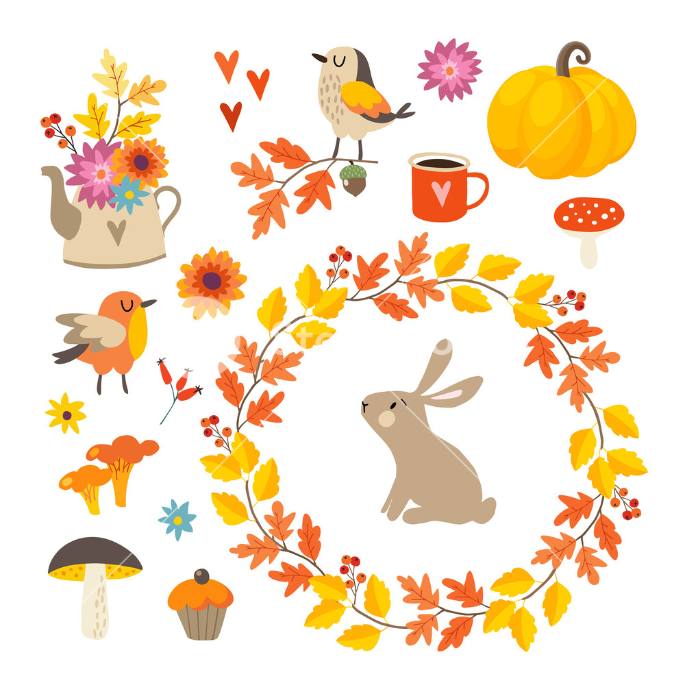 1000x1000 Set Of Cute Hand Drawn Autumn Elements Birds And Rabbit Animal