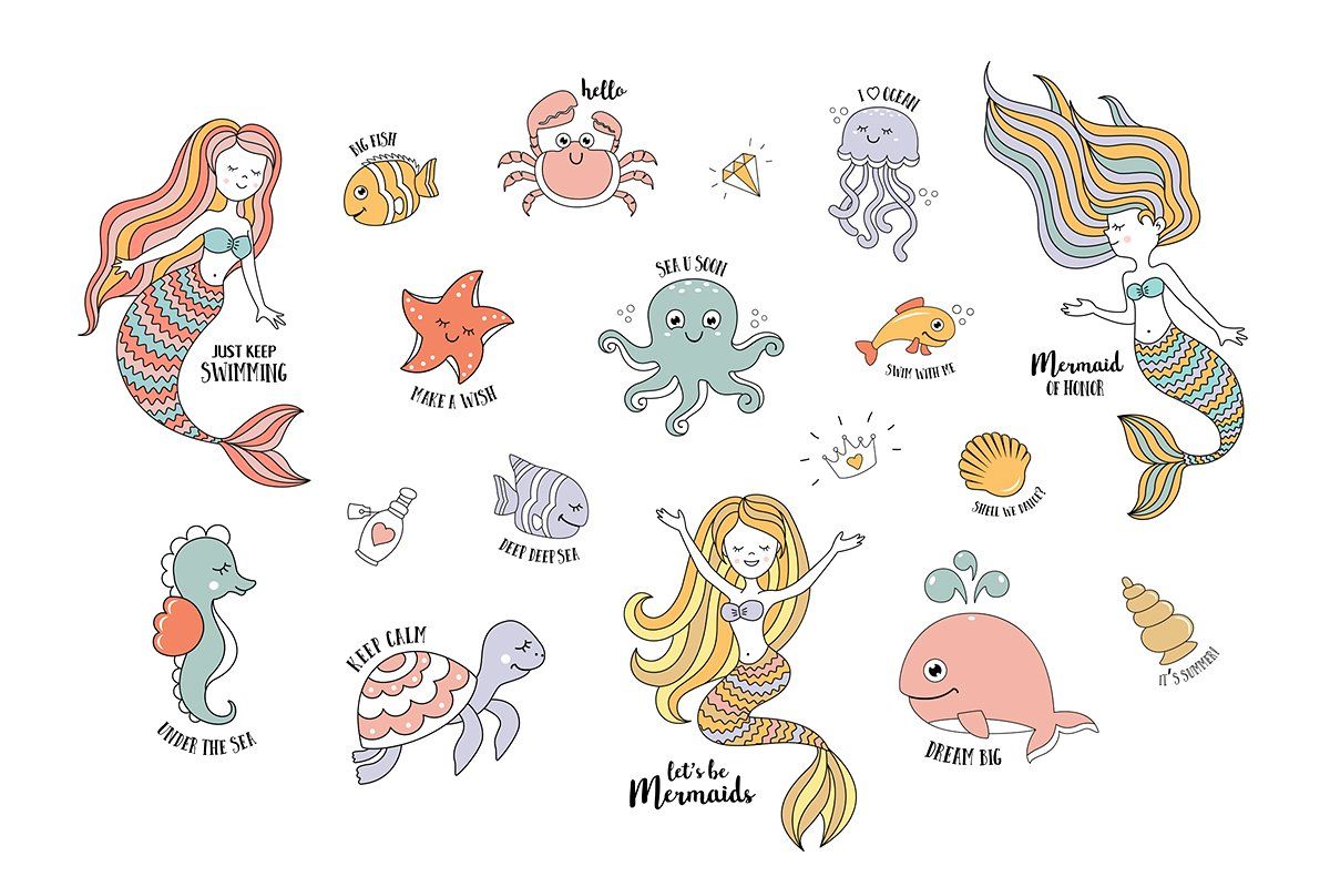 1200x800 Cute Little Mermaids Vector Set