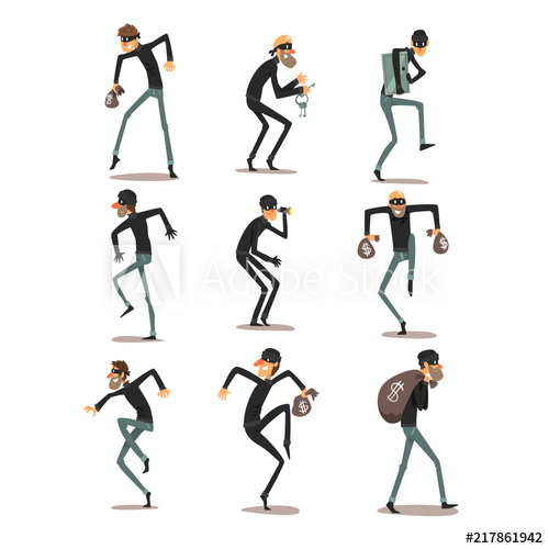 500x500 Male Thief In Mask Set, Robber Cartoon Characters Committing