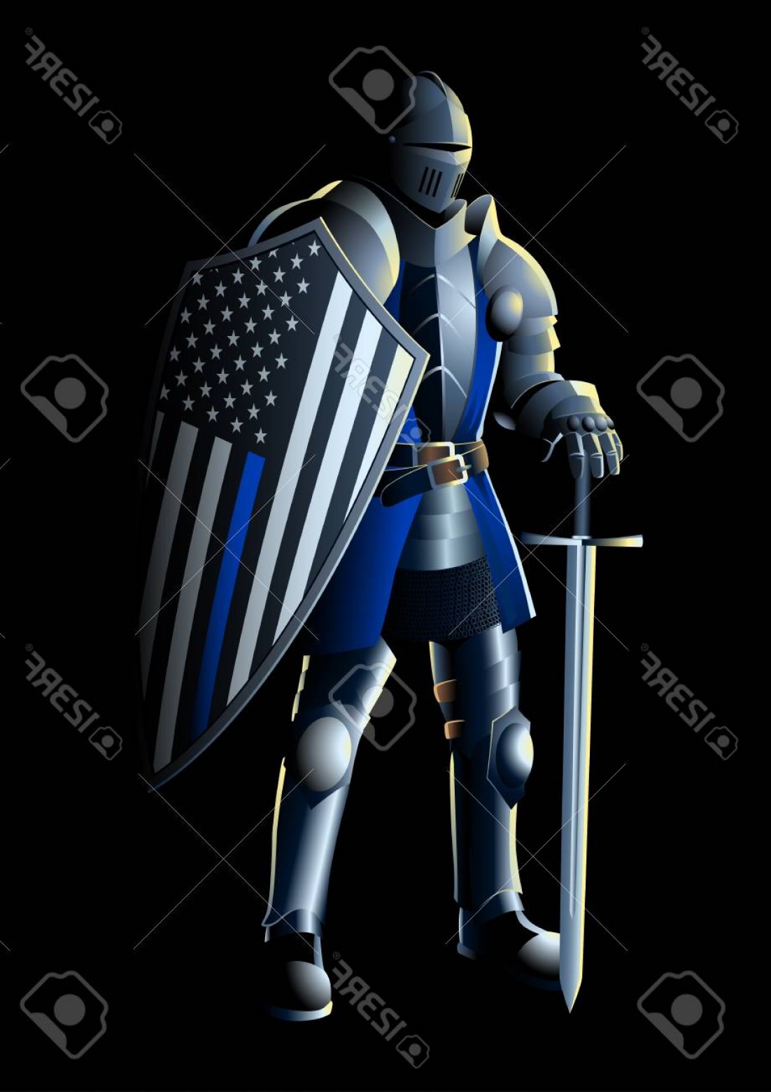 1102x1560 Photovector Illustration Of A Knight With Thin Blue Line Usa Flag