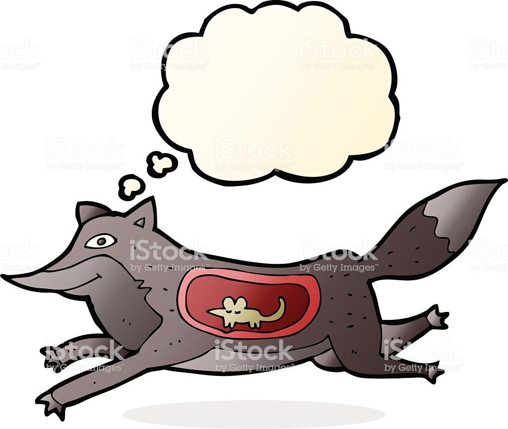 1024x865 Cartoon Wolf With Mouse In Belly Thought Bubble Vector
