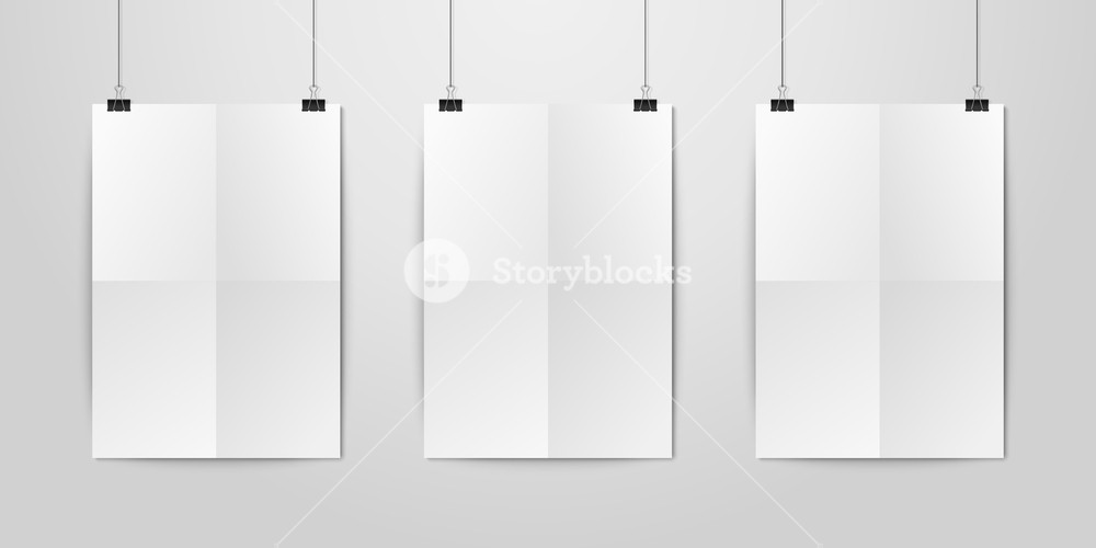 1000x500 Three Vector Realistic White Blank Vertical Folded Paper Poster