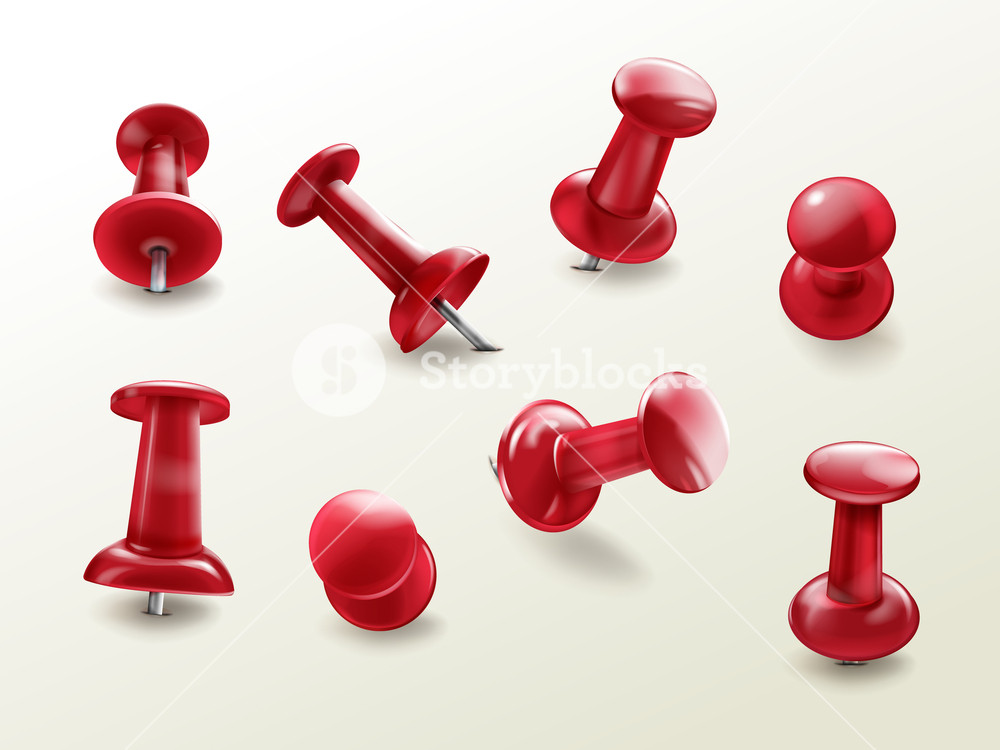1000x750 Stationery Office Thumbtack, Vector Realistic Set Of Red Glossy