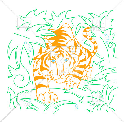 400x395 Tiger Icon In Jungle, Hunting Icon In Linear Style Vector Image