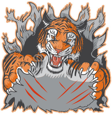 389x400 Tiger Mascot Ripping Out Background And Clawing Vector Template