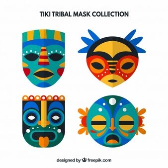Set Of Decorative Tiki Masks In Flat Design Art In Mask 338x338 Set Of Decorative Tiki Masks In Flat Design Art In Mask
