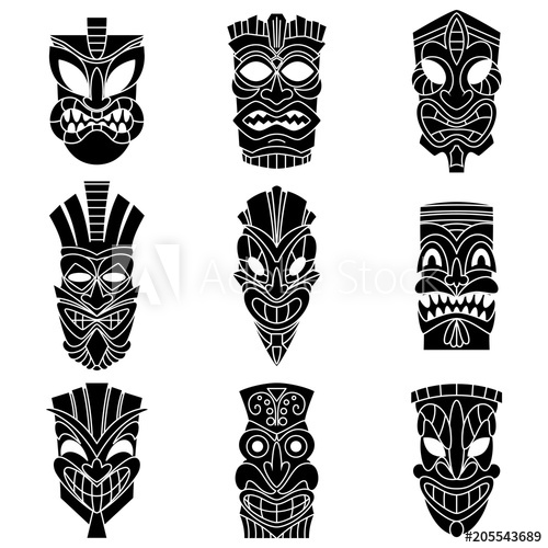 500x500 Tribal Tiki Mask Black Silhouettes Vector Set Flat Icons Isolated