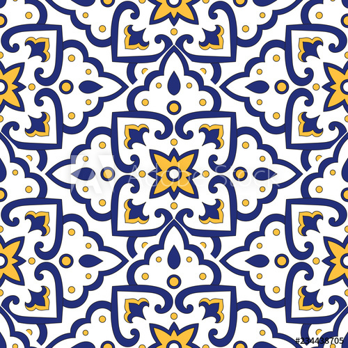 500x500 Mexican Tile Pattern Vector With Scale Blue, Yellow And White