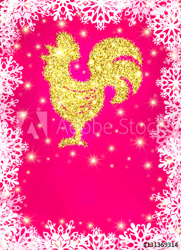 363x500 Golden Glitter Crowing Rooster With Sparkles And Stars On Pink