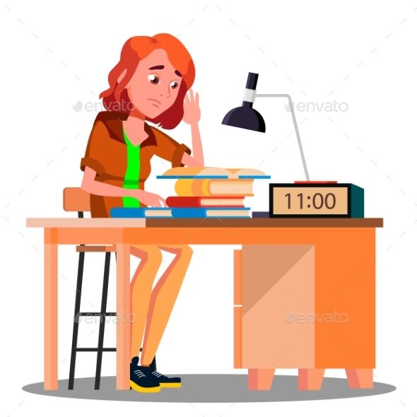 590x590 Tired Girl At The Table With Lamp And Book Vector