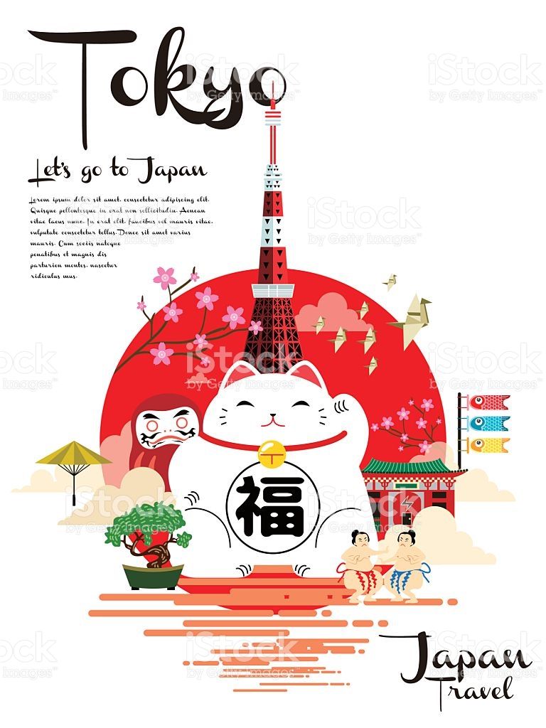 768x1024 Japan Travel Poster With Lovely Lucky Cat And Tokyo Tower Design