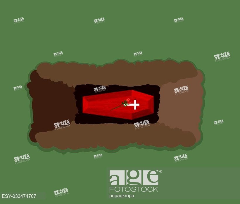 821x700 Open Grave Coffin In Pit Flowers Roses On Roof Of Tomb, Stock