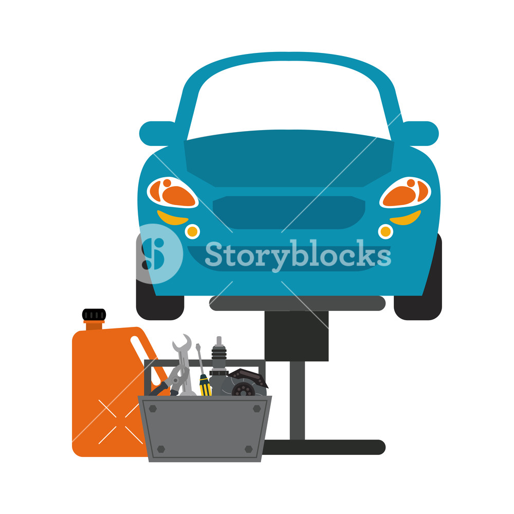 1000x1000 Car On Hydraulic Arm With Container And Toolbox Vector