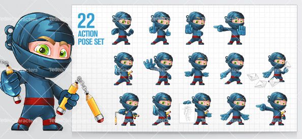 594x274 Blue Ninja Cartoon Character Set Stock Vector Characters