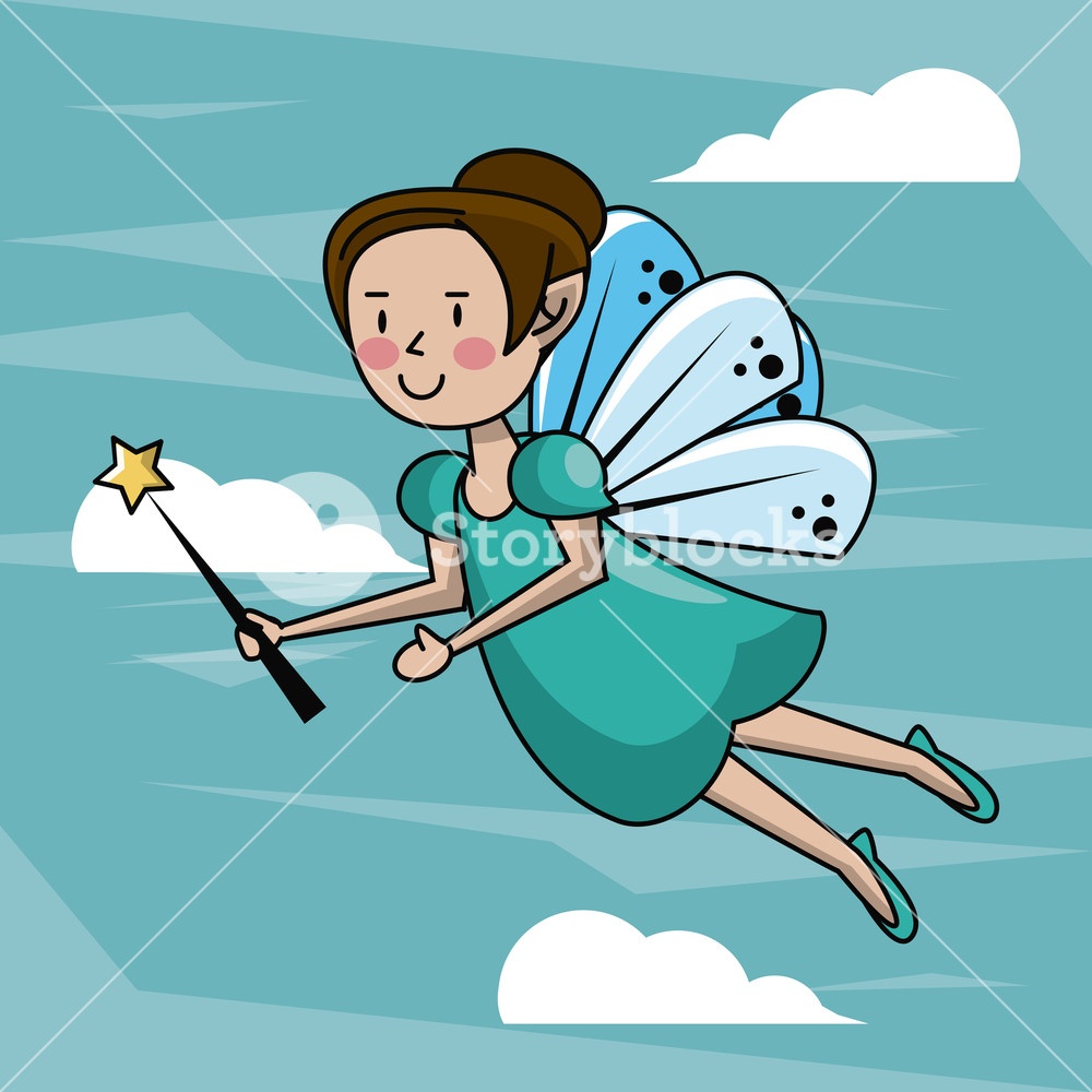 1000x1000 Tooth Fairy Flying With Wand Cartoon Vector Illustration Graphic