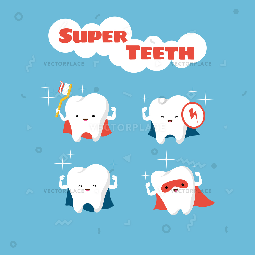 1000x1000 Superhero Smiling Kids Teeth Characters Tooth Vector Illustration