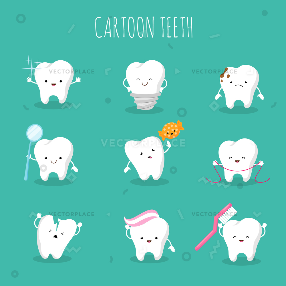 1000x1000 Cute Cartoon Tooth Set Baby Teeth Vector Illustration