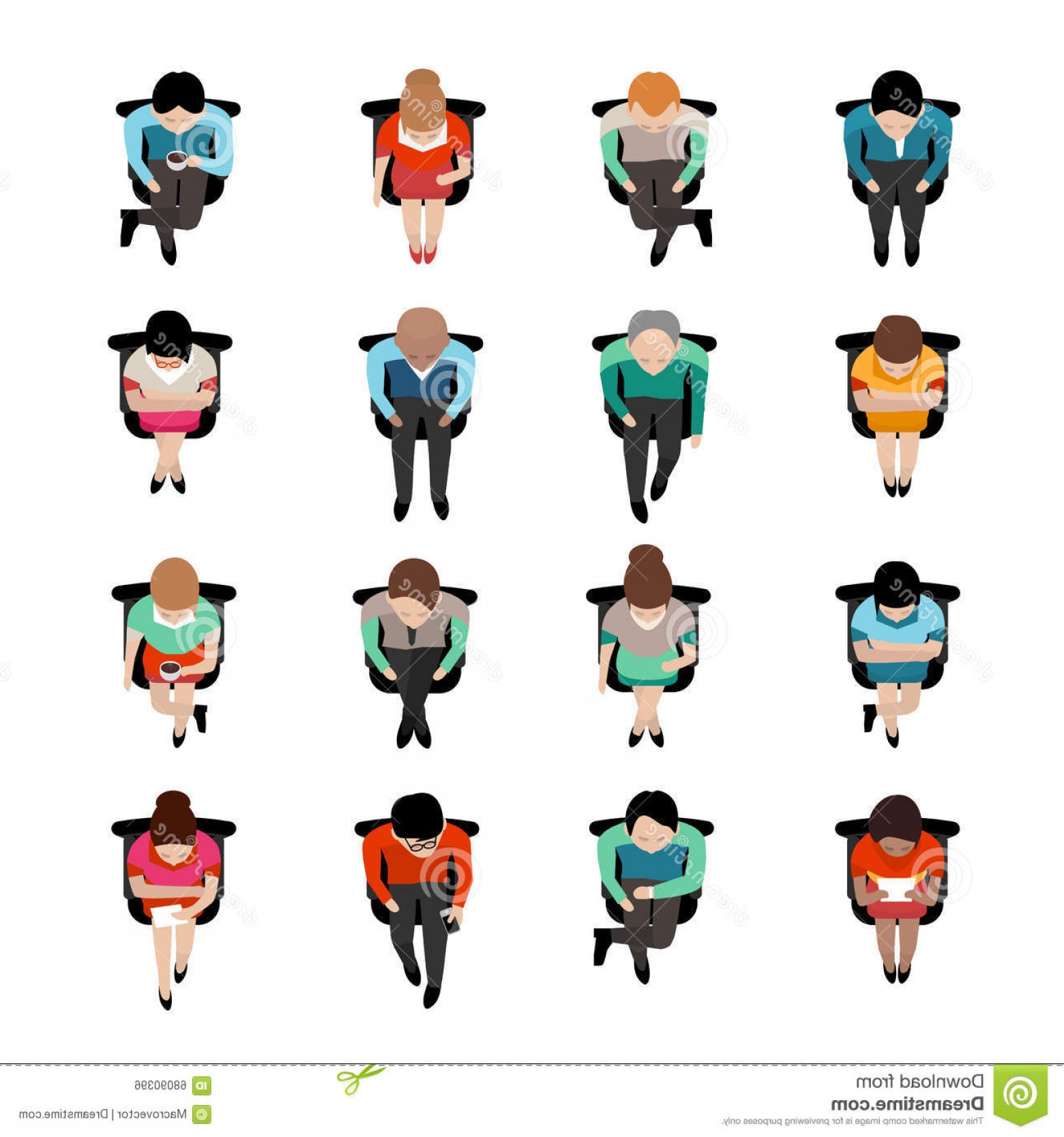 1560x1668 Stock Illustration Sitting People Top View Business Coffee Caps