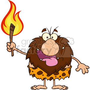 300x300 Smiling Male Caveman Cartoon Mascot Character Holding Up A Fiery