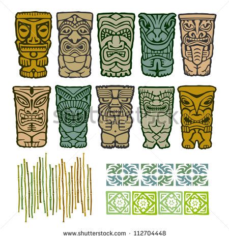 450x470 Vintage Carved Polynesian Tiki Totem Vector Idol Masks