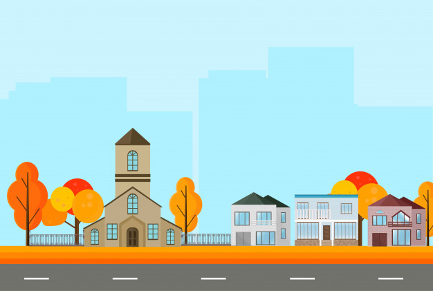 626x421 City Town Street View, Buildings In Autumn Season Vector Mapple