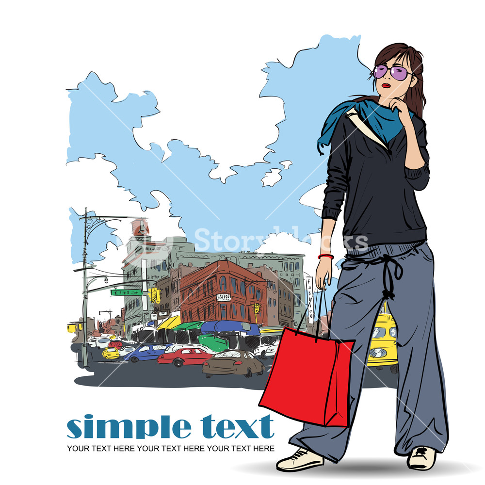 1000x1000 Fashion Girl In Sketch Style On A Town Background Vector