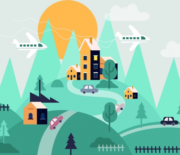 600x517 Town Background Hill Road Buildings Airplanes Icons Free Vector