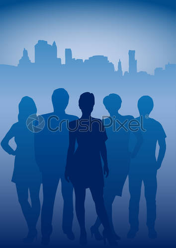 354x500 Vector Teamwork In The Town, Background In Blue, Stock Vector